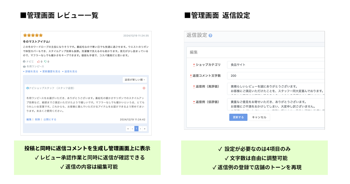 NaviPlusレビュー AI返信サポート機能　管理画面イメージ